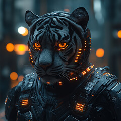 A white tiger with orange eyes, wearing dark futuristic armor, in a city setting.

