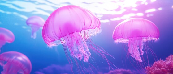 A group of jellyfish are floating in the ocean. The jellyfish are pink and are surrounded by blue water