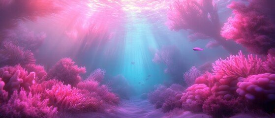 A serene underwater scene with pink coral and a fish swimming in the blue water. The pink and blue colors create a calming and peaceful atmosphere, making it a beautiful and tranquil place to explore