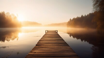 Fototapeta premium Serene Morning at a Misty Lake Dock