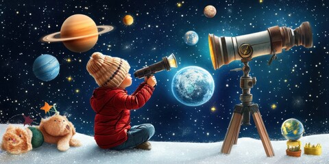 Naklejka premium Child Explorer in Space with Telescope and Planets