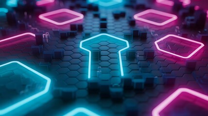 Fototapeta premium Futuristic Abstract Background with Interlocking Hexagonal Patterns, Glowing Neon Cyan and Magenta Edges, and Intense Tech-Inspired Vibe 