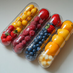 Three rows of clear capsules. Each capsule contains different colorful fruits, including peaches, strawberries, raspberries, blueberries, lemons, and cherries.


