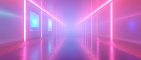 A long hallway with pink walls and neon lights. The walls are lined with pictures and the floor is wet