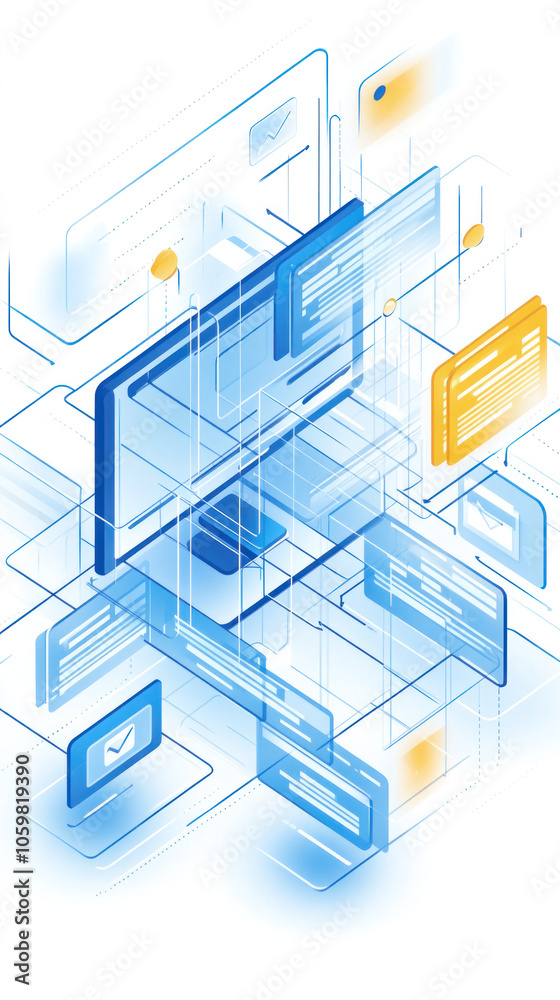 Poster a computer monitor with many icons on it. the icons are blue and yellow. the computer monitor is a r