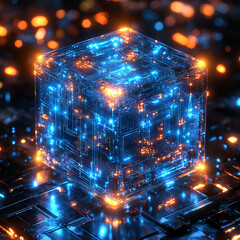 A glowing, blue-and-orange cube, like a futuristic technological object, sits on dark rocks.

