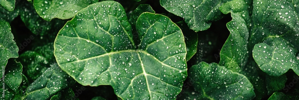 Poster fresh vegetables flourish in a vibrant garden while light rain gently falls, creating shimmering dro