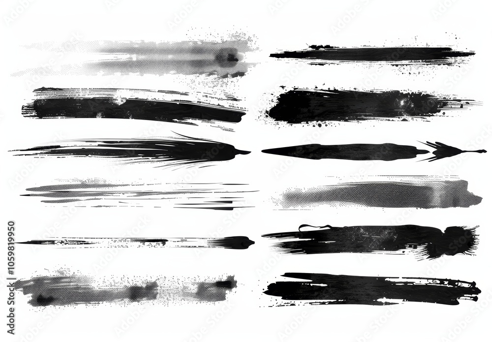 Aufkleber Vector Collection of Black Brush Strokes Horizontal Lines Different Textures Hand Drawn Ink Design Elements Borders