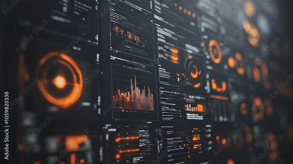 Poster a computer monitor displays a variety of orange and black symbols. concept of technology and complex
