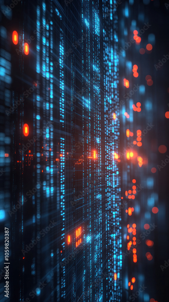 Poster a computer screen with a blue background and orange and blue lines. the lines are in a pattern and a