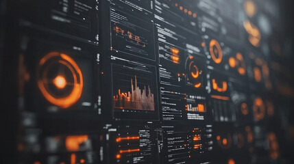 Obraz premium A computer monitor displays a variety of orange and black symbols. Concept of technology and complexity, with the various symbols representing different data points or functions. Scene is one of order