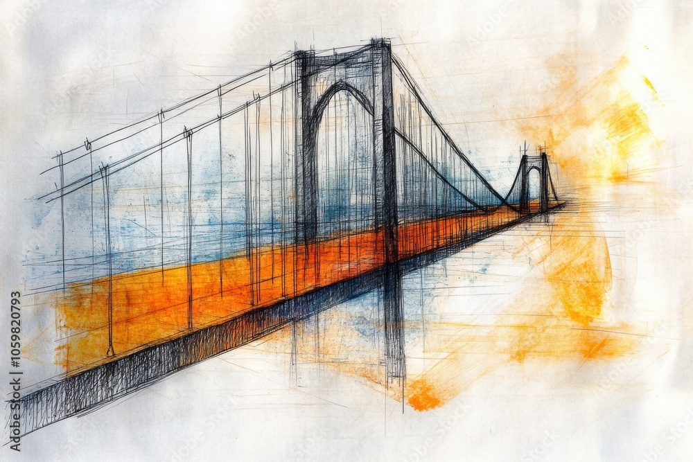 Poster This artwork features a striking abstract representation of a bridge, blending colorful strokes and intricate line work to evoke emotion. Generative AI