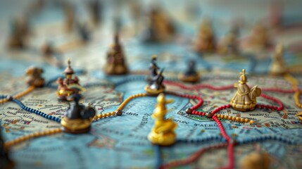 Small, detailed figurines are placed on an antique map, connected by strings of beads, representing a planned trade route