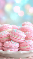 A plate of pink macarons with blue and white sprinkles. The macarons are arranged in a neat row, and the sprinkles add a touch of color and texture to the dessert