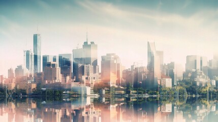 Fototapeta premium Futuristic City Skyline with Reflections in Water