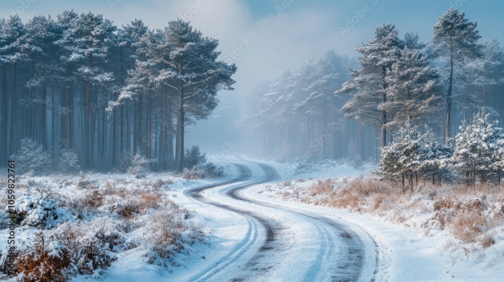 Poster A winding road covered in snow cuts through a peaceful forest. Tall trees line the path, creating a tranquil winter atmosphere with soft clouds overhead.