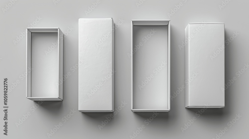 Poster White Cardboard Box Packaging Template Open and Closed Isolated on Gray Background 3D Rendering Top View