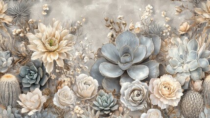 Blooming Cacti and Succulents Against Neutral Background