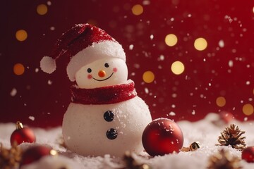 Fototapeta premium Snowman wearing red hat and scarf, surrounded by snow, with trees in background, during winter day.