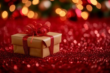 Gift box wrapped with red bow, placed on red background, symbolizing celebration or special occasion.