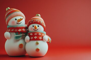 Two snowmen with carrot noses, coal eyes, and top hats standing in snowy field under clear blue sky.