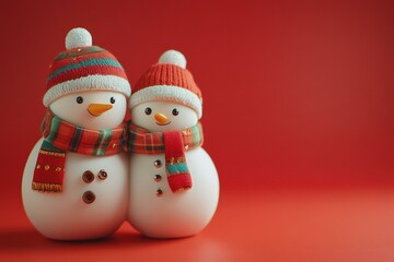 Snowmen with hats and scarves standing in snowy landscape, surrounded by snow-covered trees and hills.