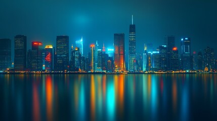 Obraz premium City skyline illuminated by bright lights at night, showcasing towering skyscrapers and bustling streets.