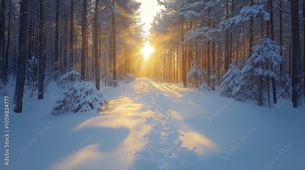 Aufkleber Sunlight breaks through the trees in a tranquil winter setting, illuminating a snowy path. The forest is blanketed in fresh snow, creating a peaceful atmosphere.