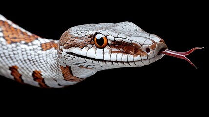 Fototapeta premium Snake with red tongue extended, scales glistening in sunlight, coiled on forest floor, alert and curious.