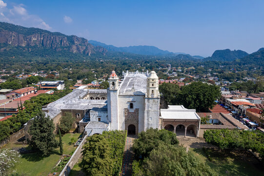 Aerial Drone View of Tepozteco Mountain and Exconvento de la Natividad, Morelos, Mexico
