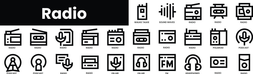 Set of outline radio icons. Minimalist thin linear web icon set. vector illustration.