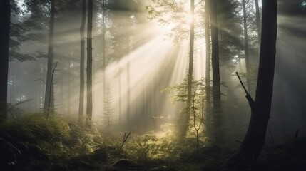 Naklejka premium Serene Forest with Rays of Light Breaking Through Trees