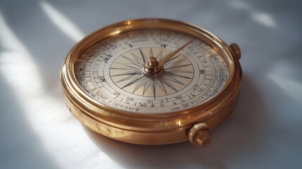 Vintage Brass Compass on Marble Surface with Soft Sunlight and Shadows Creating a Timeless Nautical and Exploration Theme