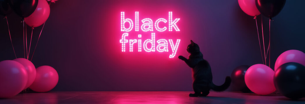 black cat sits on hind legs and points with paw at neon sign black friday