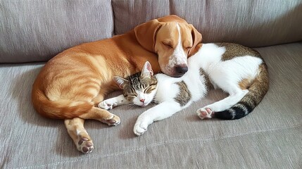 Obraz premium A peaceful moment as a dog and cat sleep comfortably together on the sofa, showcasing a calm and cozy atmosphere in a home setting