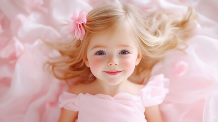 Fototapeta premium A young girl with beautiful long hair and a pink flower accessory smiles joyfully while lying on soft pink fabric. She radiates happiness in a warm, inviting atmosphere.