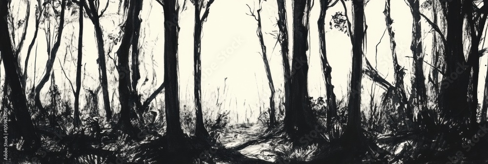 Leinwandbilder A dense forest is illustrated in black ink, showcasing complex tree structures and shadows that convey depth and intrigue. Generative AI