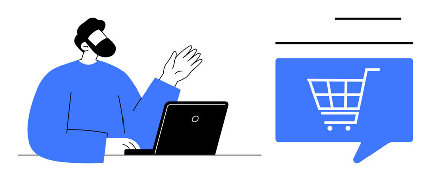 Man waving while seated by a laptop, blue speech bubble with shopping cart icon. Ideal for e-commerce, online retail, virtual assistant, customer support, digital marketing, remote services, IT help