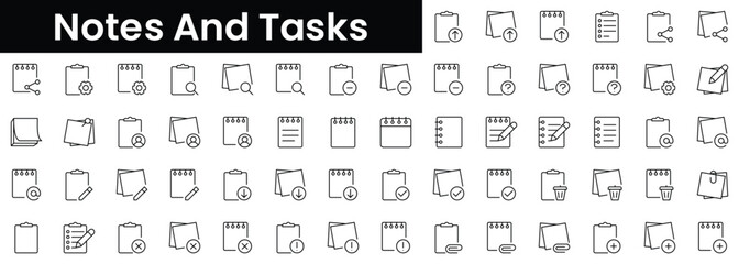 Set of outline notes and tasks icons. Minimalist thin linear web icon set. vector illustration.