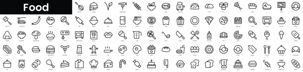 Fototapeta premium Set of outline food icons. Minimalist thin linear web icon set. vector illustration.