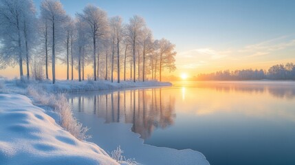 Fototapeta premium A serene winter landscape features snow-covered trees lining the riverbank, with their reflections visible in the calm water as the sun rises, creating a peaceful atmosphere.