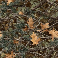 Conifer Tree, Oak Branches and Oak Leaves Camouflage Hunting, Seamless Pattern Texture	