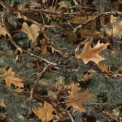 Conifer Tree, Oak Branches and Oak Leaves Camouflage Hunting, Seamless Pattern Texture	