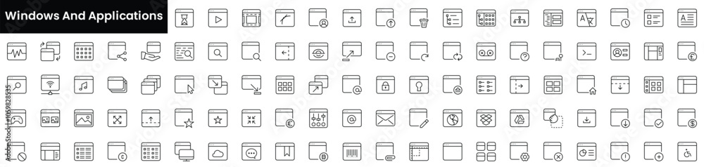 Wall mural set of outline windows and applications icons. minimalist thin linear web icon set. vector illustrat