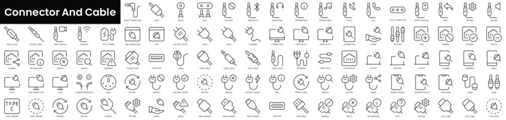 Set of outline connector and cable icons. Minimalist thin linear web icon set. vector illustration.