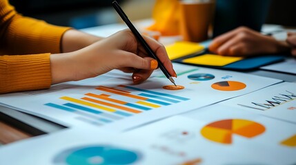 A hand analyzing charts and graphs on paper, illustrating data and insights.