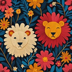 Naklejka premium Vibrant Floral and Animal Motifs Featuring Whimsical Lion Designs in Nature-Inspired Pattern