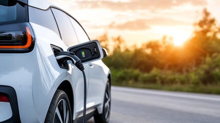 Fototapeta premium Electric car charging at roadside station, sustainable travel and ecofriendly transportation