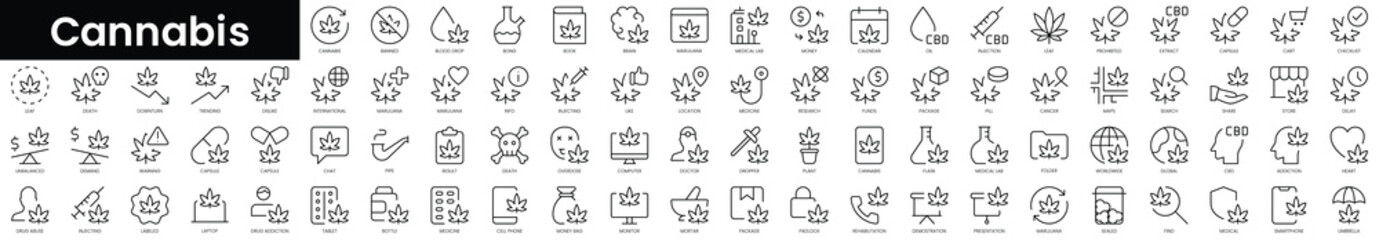Fototapeta premium Set of outline cannabis icons. Minimalist thin linear web icon set. vector illustration.