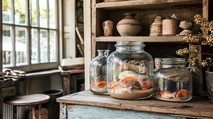 Fototapeta premium Charming Vintage Still Life with Fish in Jars
